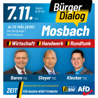 Event-Flyer BürgerDialog mit Anton Baron, Dennis Klecker und Joachim Steyer in der Alten Mälzerei Mosbach