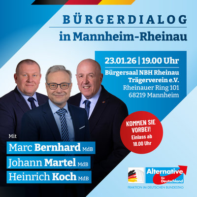 Event-Flyer Bürgerdialog in Mannheim-Rheinau mit Johann Martel, Marc Bernhard und Heinrich Koch