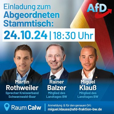 Event-Flyer Abgeordntenstammtisch in Calw | Mit Martin Rothweiler, Rainer Balzer MdL, Miguel Klauß